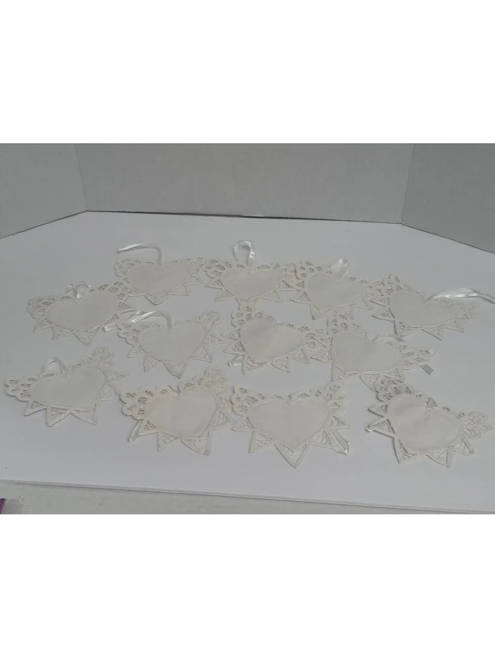 Antique VTG Handmade Heart Lace Linen Doilies Cut Work Set 12pc